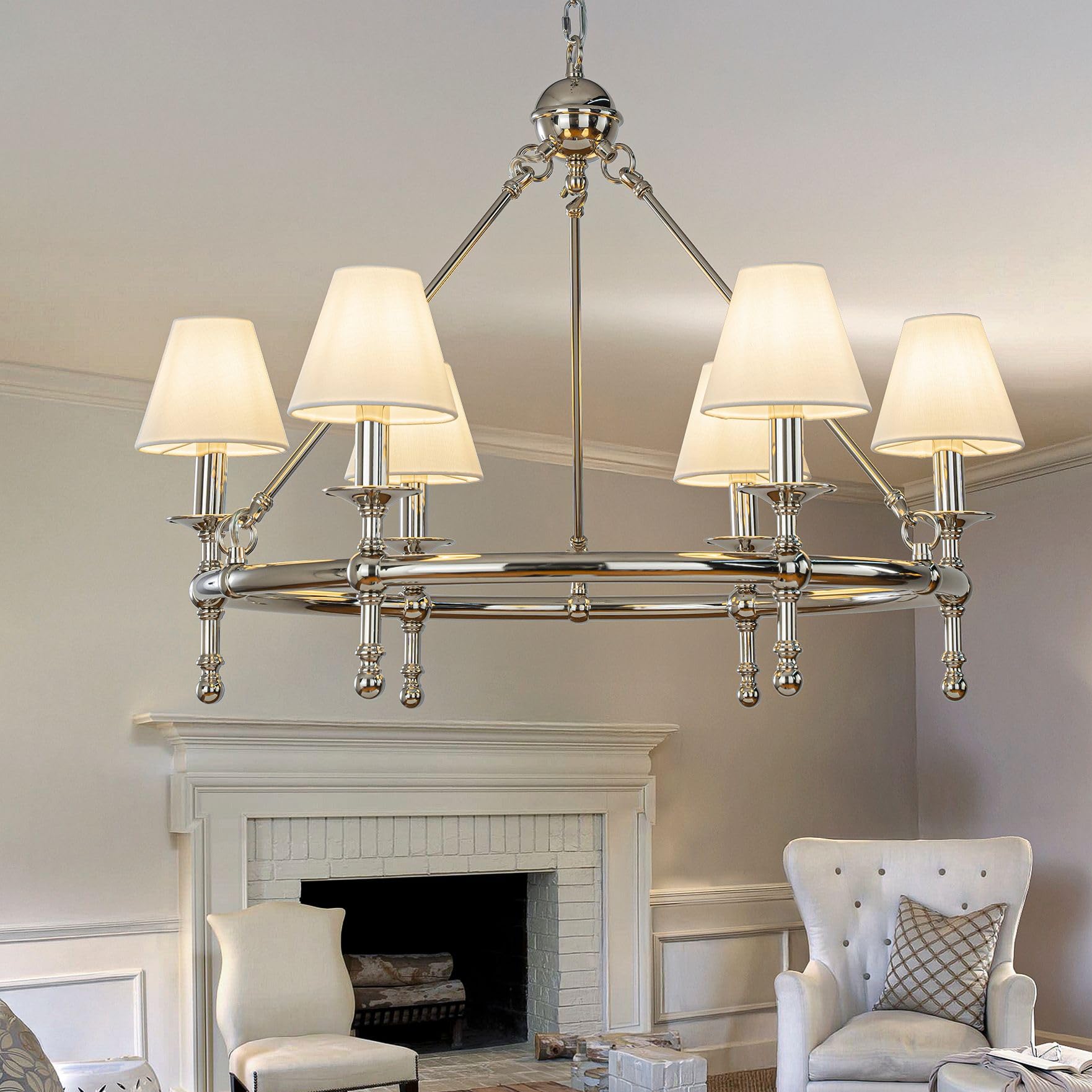 Six-light pleated white shade chandelier in polished nickel