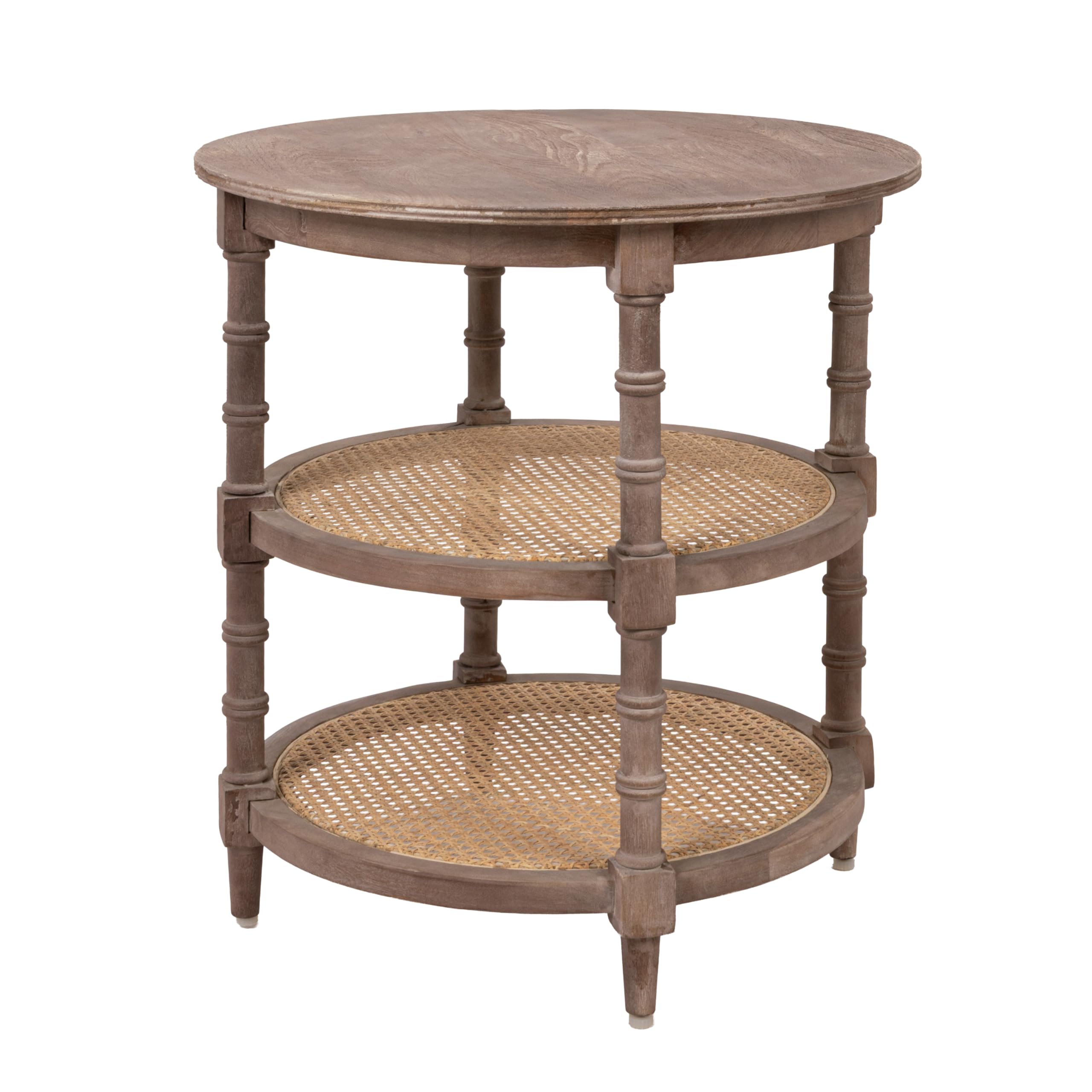 Round mango wood three-tier table with cane shelves